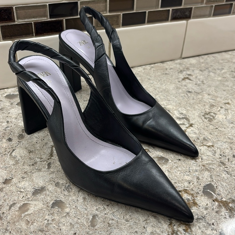 Zara Black Leather Slingback Heels